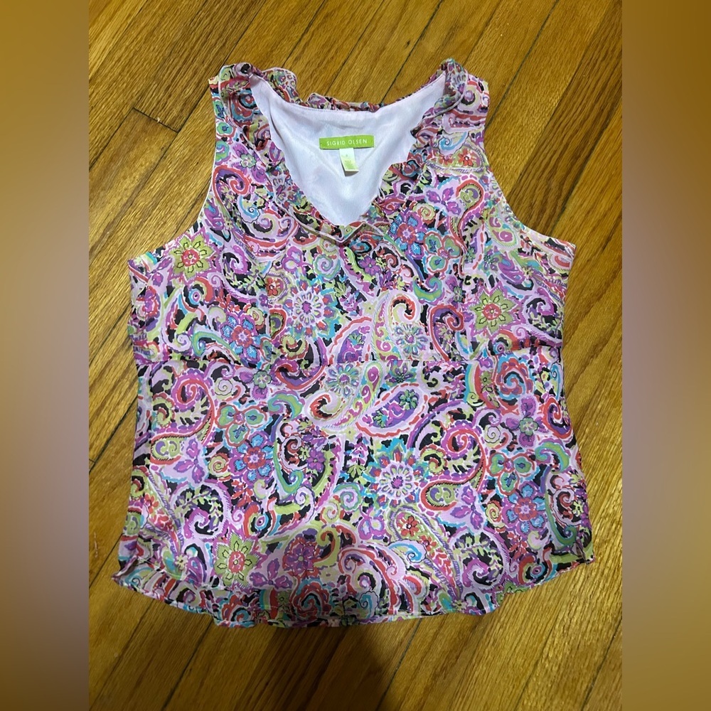 Sigrid Olsen Tank Top Cami Lined Paisley V Neck Colorful Summer Y2K Size 8
